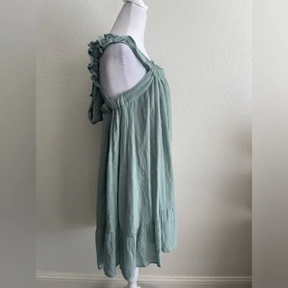 Blue-green Tiered Mini Sundress with Square Neck/ Ruffle Cinched Shoulder Straps - Picture 11 of 13